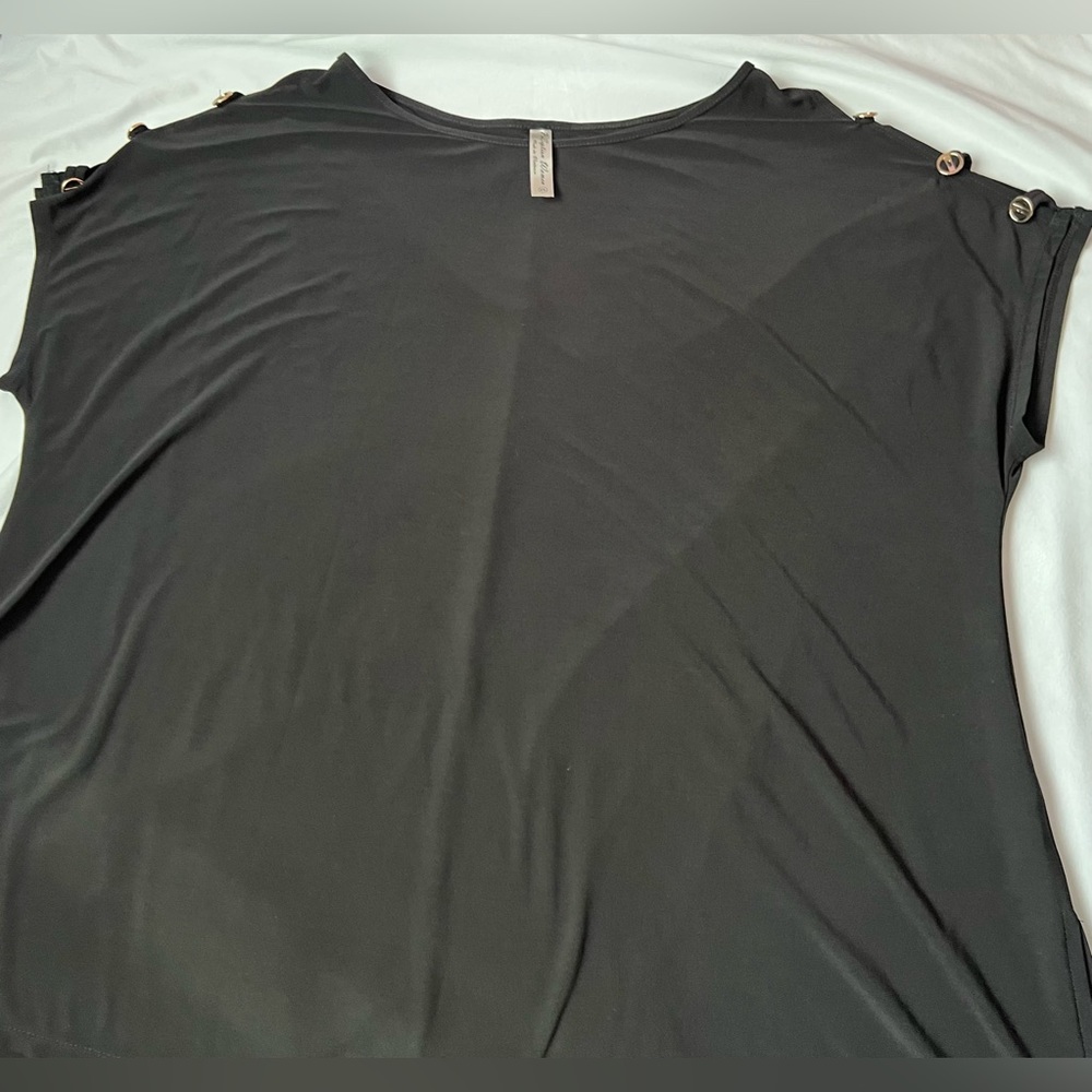 2X Perseption Concepts Black Plus Size Sleeve Decor Buttons Womens Misses Top